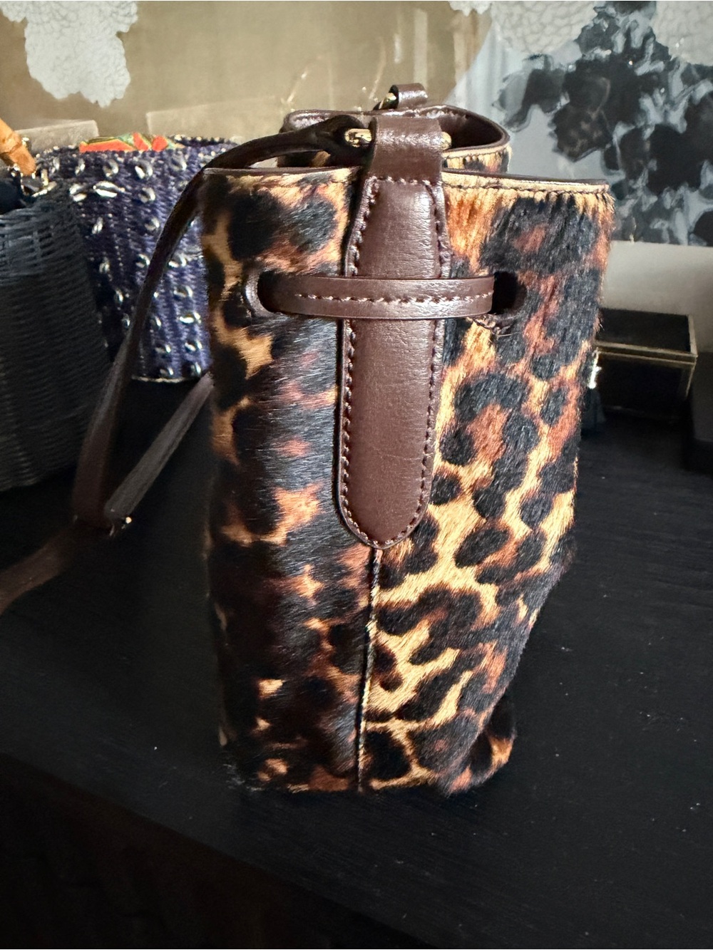Ralph Lauren Leopard Debby Drawstring Bag Brown Black Gold Hardware - Picture 4 of 10